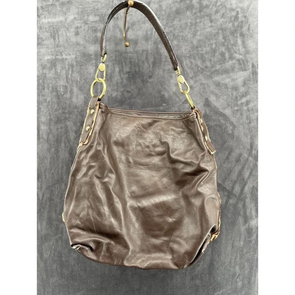 VTG Garnet Hill Italy Leather Calf Hair Leopard Print Hobo Bag Brown
